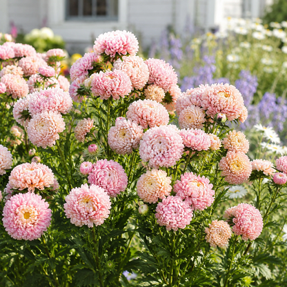 Peony Duchess Apricot Aster 50+Seeds – Blush Peach Double Asters – Cut Flower Cottage Garden Seeds Sprouts and Petals