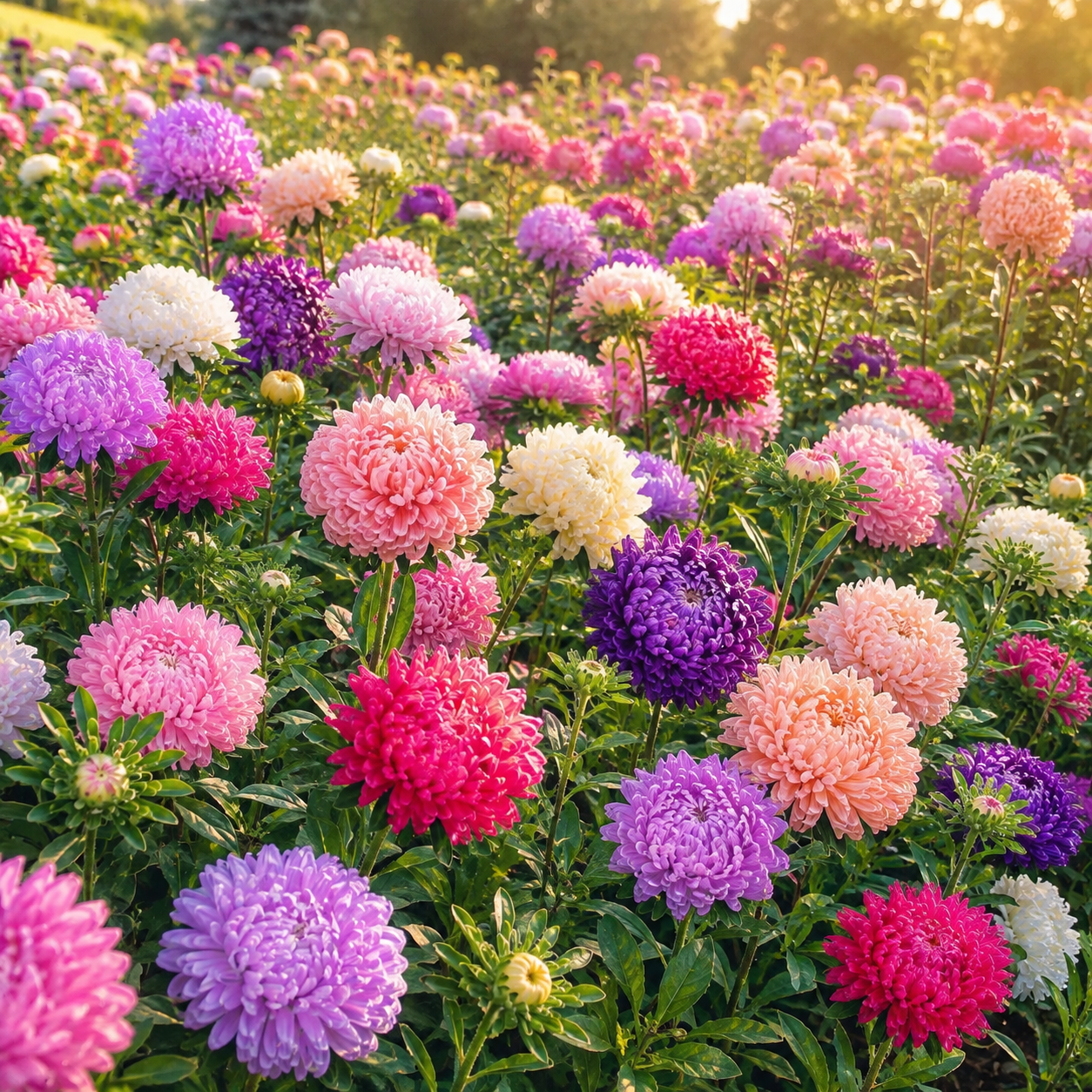 Peony Duchess Mix Aster 100+Seeds – Large Double Pastel Flowers – Cottage Garden Cut Flower Seeds – Pink Purple White Blooms Sprouts and Petals