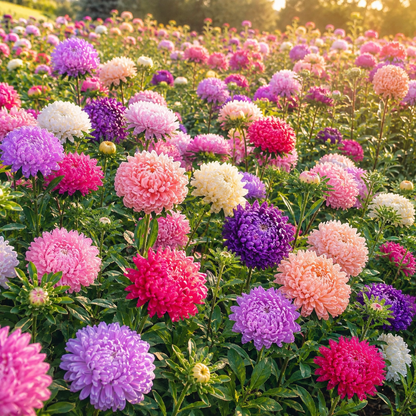 Peony Duchess Mix Aster 100+Seeds – Large Double Pastel Flowers – Cottage Garden Cut Flower Seeds – Pink Purple White Blooms Sprouts and Petals