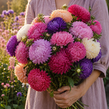 Peony Duchess Mix Aster 100+Seeds – Large Double Pastel Flowers – Cottage Garden Cut Flower Seeds – Pink Purple White Blooms Sprouts and Petals
