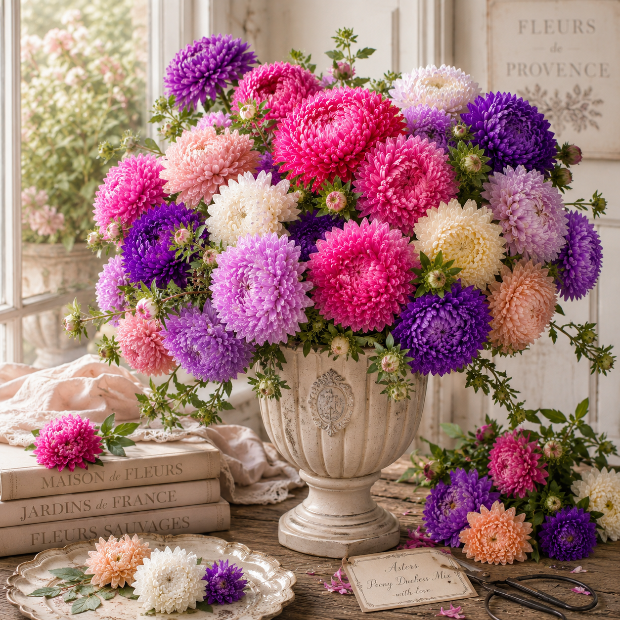 Peony Duchess Mix Aster 100+Seeds – Large Double Pastel Flowers – Cottage Garden Cut Flower Seeds – Pink Purple White Blooms Sprouts and Petals