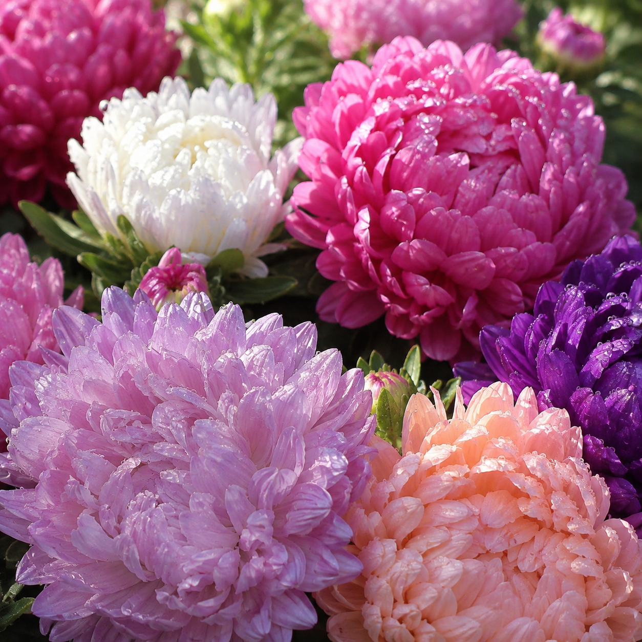 Peony Duchess Mix Aster 100+Seeds – Large Double Pastel Flowers – Cottage Garden Cut Flower Seeds – Pink Purple White Blooms Sprouts and Petals