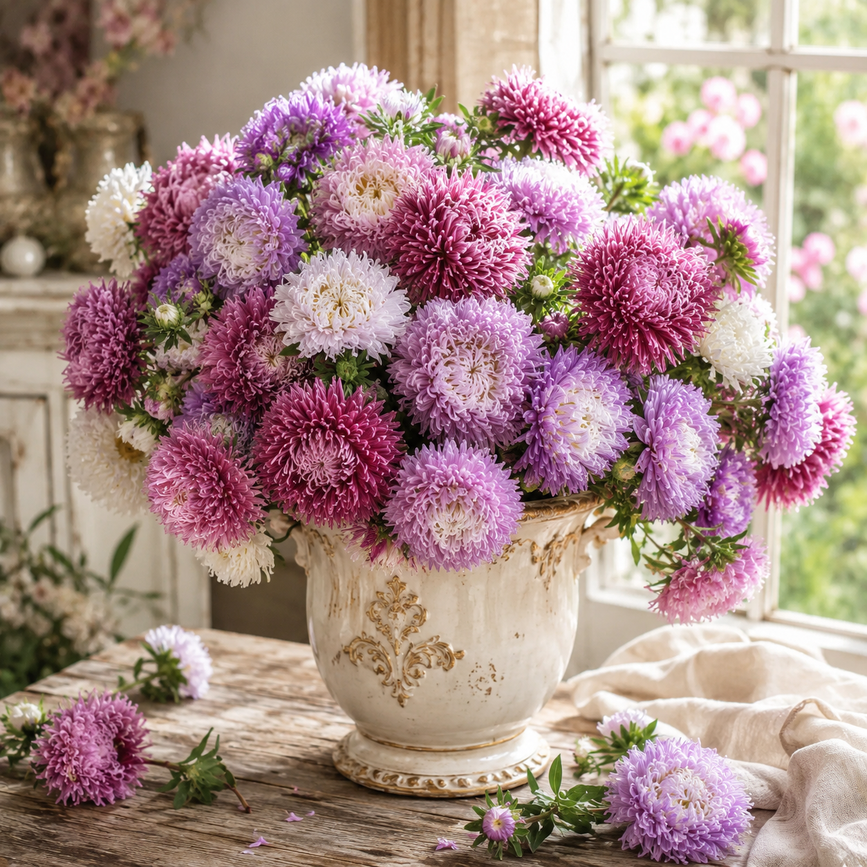 Pavlova White-Lilac China Aster 100+Seeds – Elegant Double White & Lilac Blooms – Cottage Garden Cut Flowers Sprouts and Petals