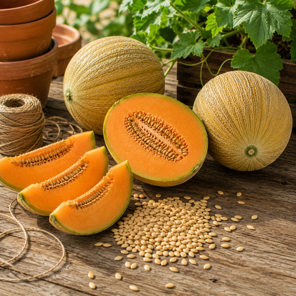 Whole and sliced heirloom melons—including the sweet Kolkhoznitsa variety—are beautifully arranged with a packet of Sprouts and Petals’ Collective Farm Woman Kolkhoznitsa Melon 25 Seeds, twine, and clay pots on a rustic wooden table, while melon vines and leaves form a lush backdrop.