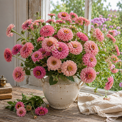 Miss Willmott Zinnia 50+Seeds – Soft Salmon Pink Double Flowers – Heirloom Cut Flower Seeds – Cottage Garden Zinnias Sprouts and Petals