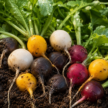 Freshly harvested Sprouts and Petals Halloween Mix Radishes, featuring a fast-growing heirloom blend of colorful purple, black, white, and red roots, lie on dark soil with vibrant green leaves attached, showcasing their vivid hues and natural textures in the sunlight.