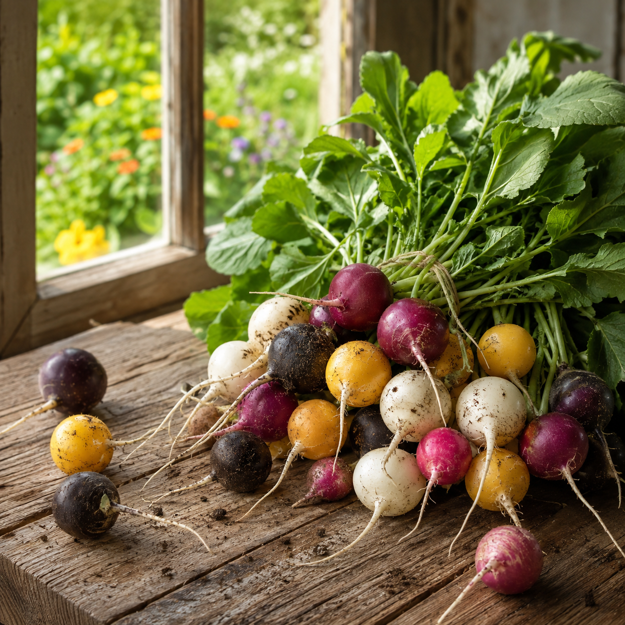 A vibrant assortment of freshly harvested purple, black, white, and red radishes—grown from Sprouts and Petals Halloween Mix Radish 200 Seeds, a fast-growing heirloom blend—rests on a rustic wooden table by the window, with views of the garden outside.