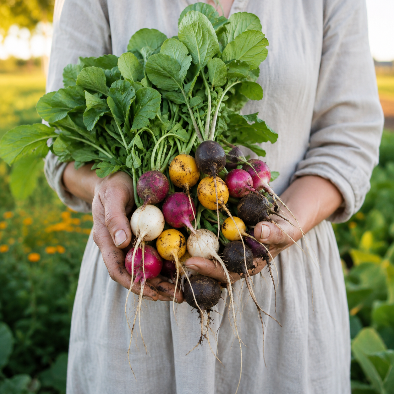 A person in a light linen dress holds a bunch of freshly harvested, multicolored radishes—vivid and earthy from the soil—in a flourishing vegetable garden. These vibrant roots, grown from Sprouts and Petals’ Halloween Mix Radish 200 Seeds—a fast-growing heirloom blend featuring colorful purple, black, white, and red radishes—add a lively pop of color and freshness to the scene.