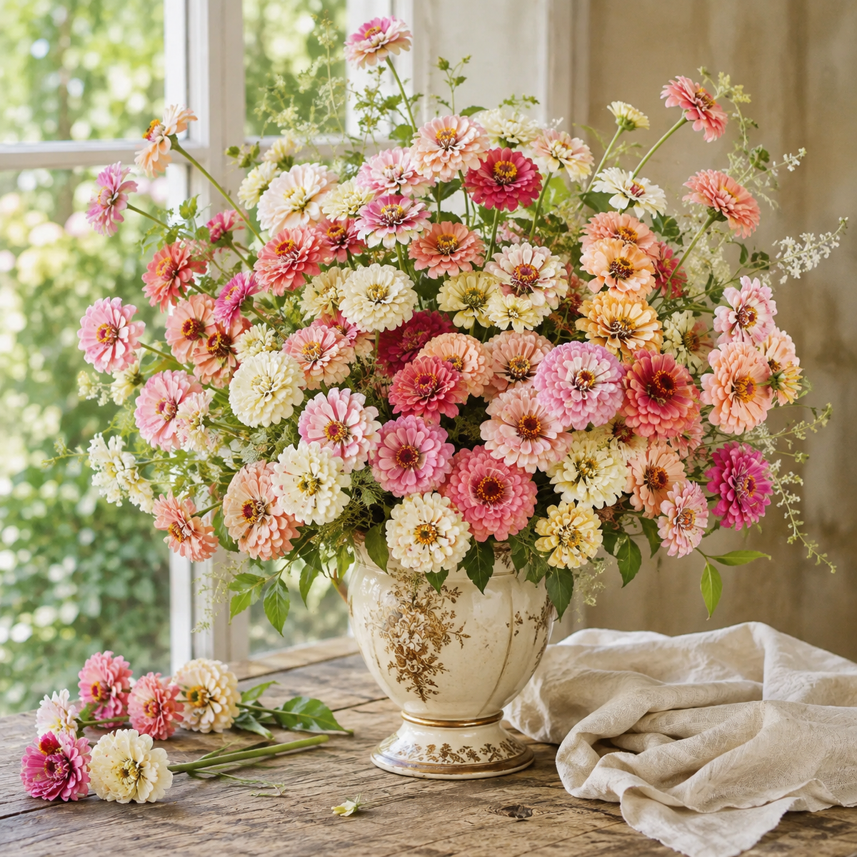 Romantic Mix Zinnia 50+ Seeds – Blush Pink Peach Cream Flowers –  Cottage Garden Double Cut Flower Seeds Sprouts and Petals