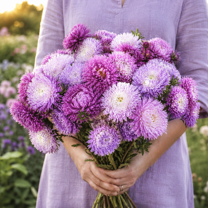 Pavlova White-Lilac China Aster 100+Seeds – Elegant Double White & Lilac Blooms – Cottage Garden Cut Flowers Sprouts and Petals