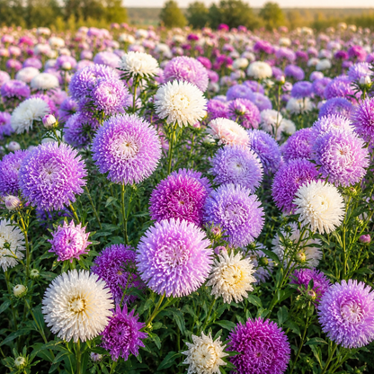 Pavlova White-Lilac China Aster 100+Seeds – Elegant Double White & Lilac Blooms – Cottage Garden Cut Flowers Sprouts and Petals