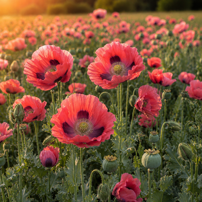 A field of vibrant pink Giant Poppies, with lush green foliage aglow in warm sunlight, captures the classic charm of a cottage garden and showcases the striking double and semi-double blooms from Sprouts and Petals’ “The Giant Poppy 500 Seeds” collection—perfect for cut flowers and pollinator gardens.