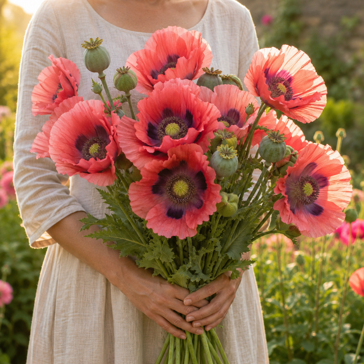 A person in a light dress holds a striking bouquet of bright pink double and semi-double poppies with lush green stems and buds in a sunlit garden—showcasing the cottage garden beauty you can grow from Sprouts and Petals’ The Giant Poppy 500 Seeds, perfect for stunning cut flowers and attracting pollinators.
