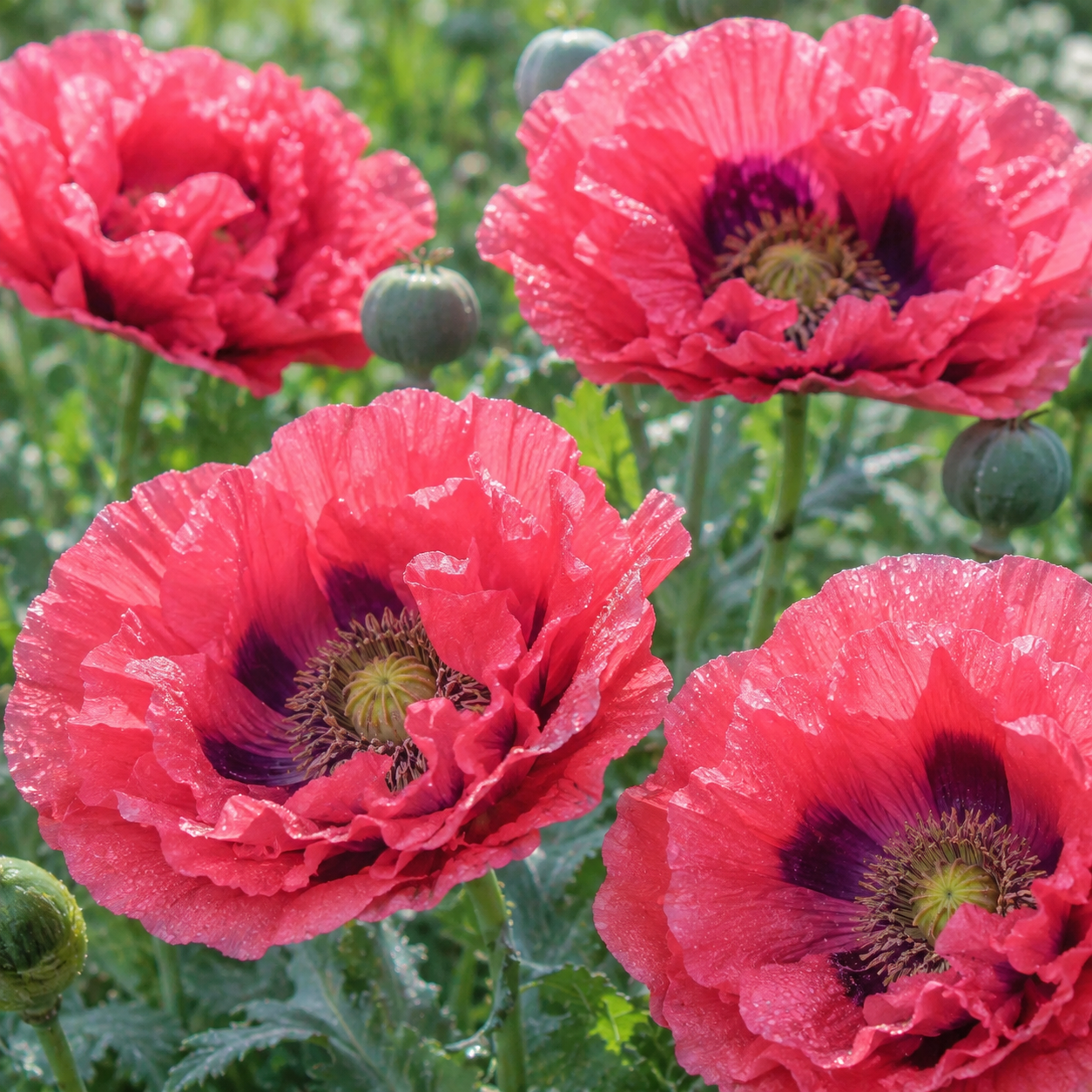 Four vibrant pink Giant Poppy blooms—each with striking dark centers—unfurl among green buds and dew-kissed leaves in a sunlit cottage garden, showcasing the lush double and semi-double flowers grown from Sprouts and Petals’ Giant Poppy 500 Seeds.
