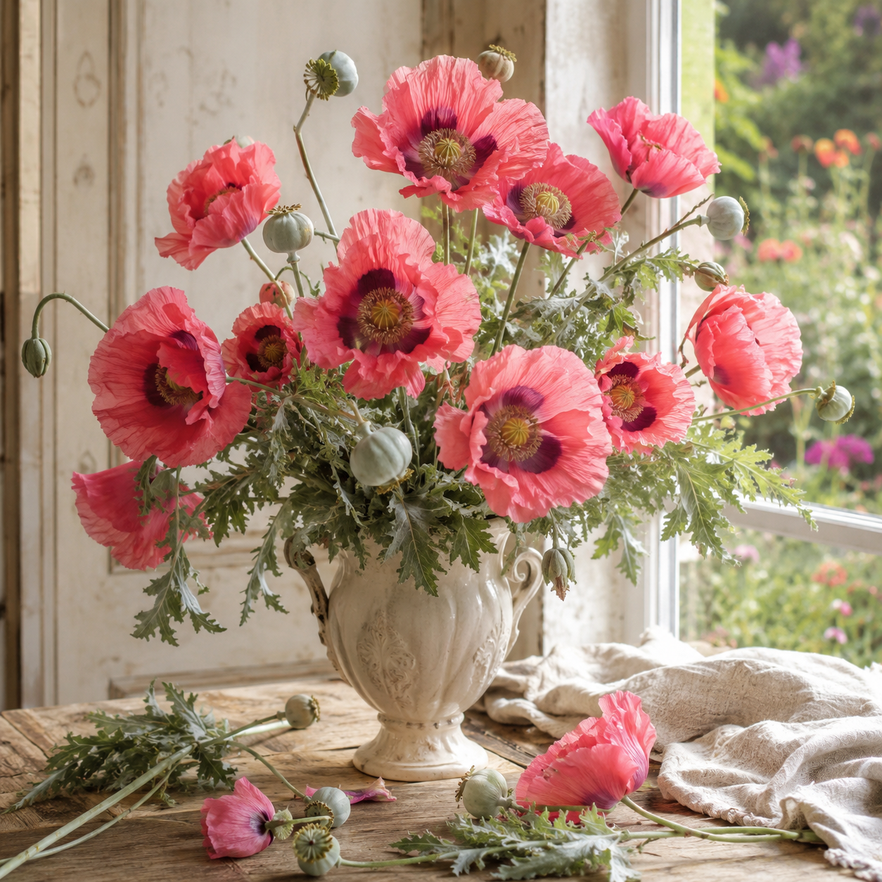A cream vase displays a vibrant bouquet grown from Sprouts and Petals’ The Giant Poppy 500 Seeds—featuring huge double and semi-double pink blooms, lush green leaves, and seed pods—resting on a rustic wooden table near a sunlit window overlooking a lively cottage garden. A few of the striking poppy flowers and leaves are artfully scattered across the tabletop.