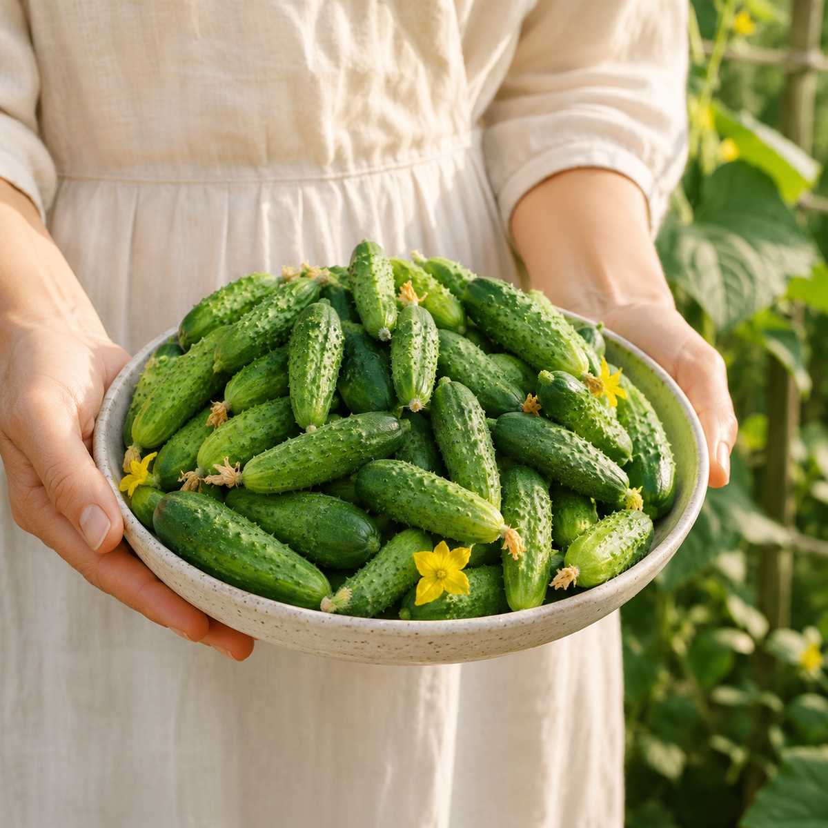 Parisian Gherkin F1 Cucumber 10+Seeds – Mini French Pickling Cucumbers – Crisp Sweet Cornichon – Compact Container Sprouts and Petals