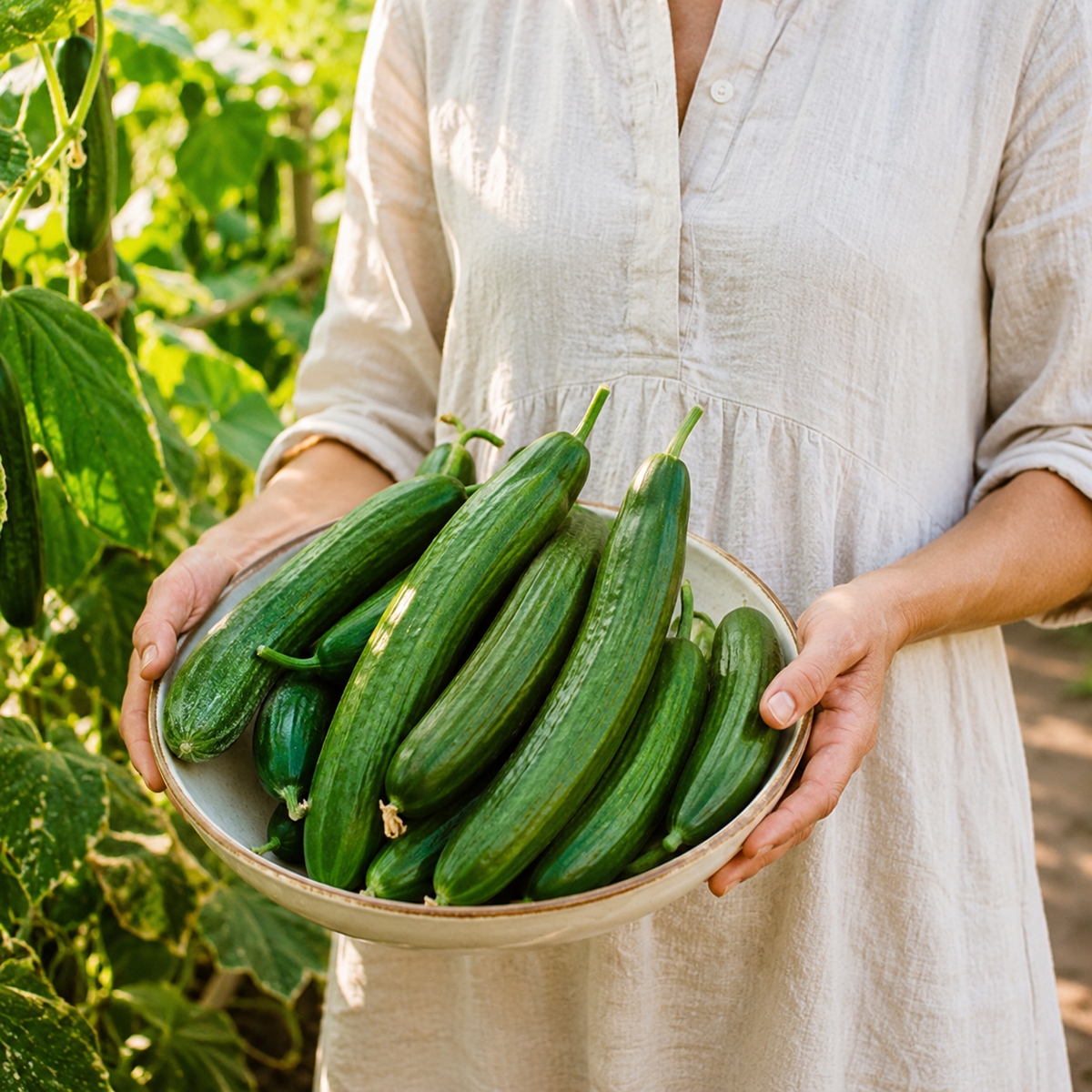 Manny F1 Cucumber 10+Seeds – Crisp Burpless Smooth Green Slicing Cucumber for Greenhouse Sprouts and Petals
