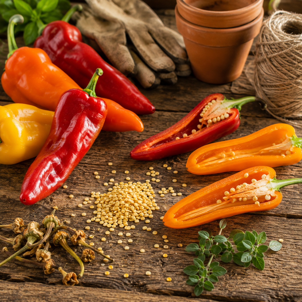 A vibrant assortment of Sprouts and Petals Corno Di Toro Mix Pepper Seeds – Italian Sweet Pepper Mix – Red, Yellow, and Orange Heirloom Frying Peppers (30+ seeds) are beautifully displayed on a rustic wooden table, both whole and halved to reveal their seeds, alongside gardening gloves, twine, clay pots, dried stems, and fresh herbs.