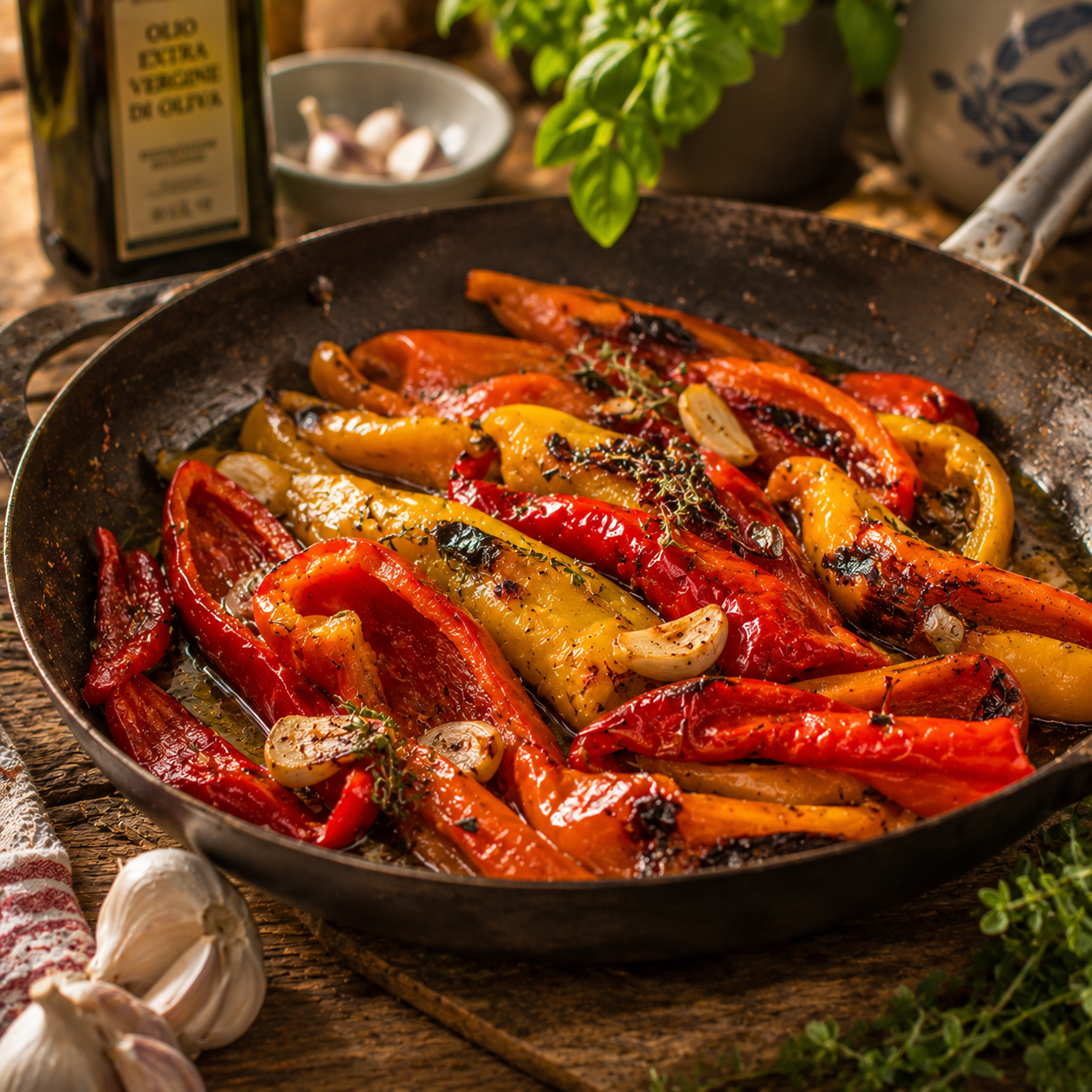 A rustic skillet showcases roasted Corno Di Toro Mix peppers from Sprouts and Petals, featuring vibrant red, yellow, and orange Italian heirloom sweet frying peppers. The colorful vegetables are garnished with fresh herbs and garlic slices and set on a wooden table alongside garlic bulbs, olive oil, and sprigs of basil in the background.