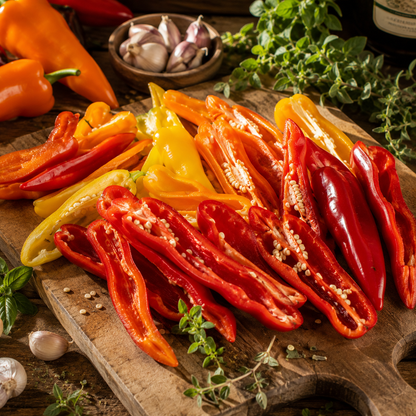 A rustic wooden board showcases vibrant slices of Sprouts and Petals’ Corno Di Toro Mix peppers, featuring heirloom red, yellow, and orange sweet frying peppers with visible seeds. Fresh herbs and garlic cloves surround the display, all set atop a weathered wooden table.