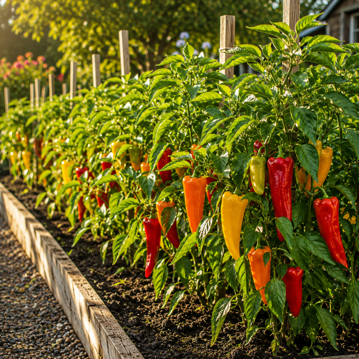 Rows of Corno Di Toro Mix Pepper plants, grown from Sprouts and Petals’ Corno Di Toro Mix Pepper Seeds – Italian Sweet Pepper Mix (Red, Yellow, and Orange Heirloom Frying Peppers), thrive in a sunlit garden bed with lush green foliage and sturdy wooden stakes supporting the vibrant peppers.