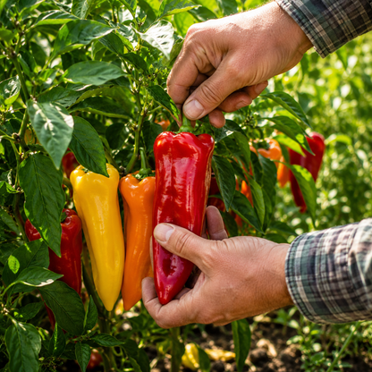 A gardener harvests ripe red, yellow, and orange Corno Di Toro Italian sweet peppers grown from Sprouts and Petals’ Heirloom Pepper Seeds Mix, surrounded by lush green leaves on a sunny day.