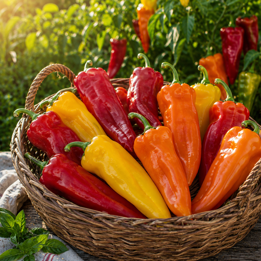 A wicker basket brimming with fresh red, yellow, and orange Corno Di Toro Mix heirloom peppers grown from Sprouts and Petals’ Corno Di Toro Mix Pepper Seeds – Italian Sweet Pepper Mix – Red Yellow Orange Frying Peppers – Heirloom 30+ seeds sits on a wooden surface outdoors, with additional Italian sweet peppers and lush green foliage in the background.