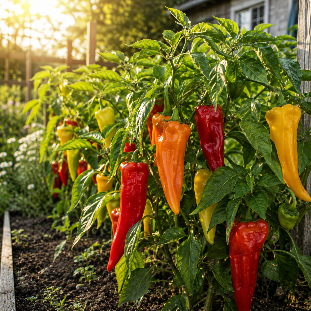 A sunlit garden features vibrant pepper plants flourishing with ripe red, yellow, and orange fruits from Sprouts and Petals’ Corno Di Toro Mix Pepper Seeds—an heirloom Italian sweet pepper variety ideal for frying. The lush peppers grow in nutrient-rich soil bordered by green leaves and wooden edging, while flowers and a house appear softly blurred in the background.