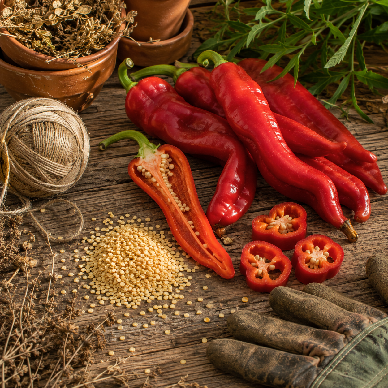 A mix of whole and sliced red chili peppers, with seeds and dried herbs scattered on a rustic wooden surface, is surrounded by twine, potted plants, and gardening gloves. Among them lies an heirloom pepper—likely the Corno Di Toro Rosso from Sprouts and Petals’ Italian Sweet Heirloom Pepper Seeds (Long Red Frying Pepper, 30+ seeds)—evoking a traditional harvest or gardening scene.