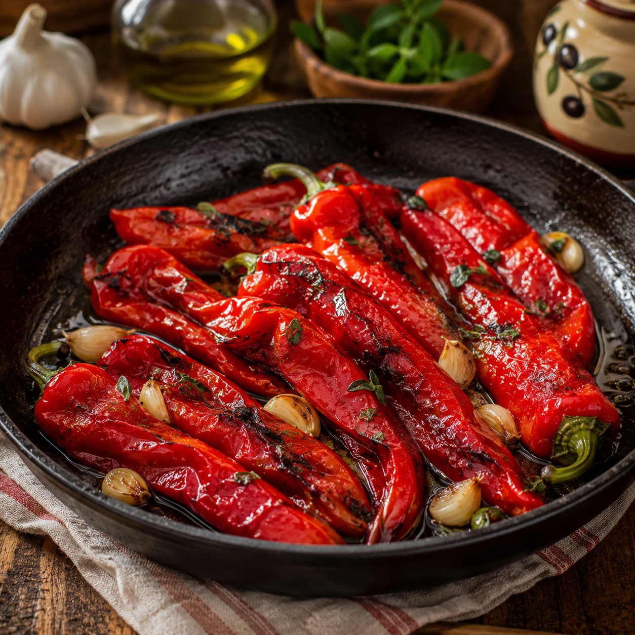 A cast-iron skillet filled with roasted Sprouts and Petals Corno Di Toro Rosso sweet Italian heirloom peppers, whole garlic cloves, and fresh herbs, all drizzled with olive oil, sits on a striped cloth. Additional ingredients like olive oil and garlic are visible in the background.