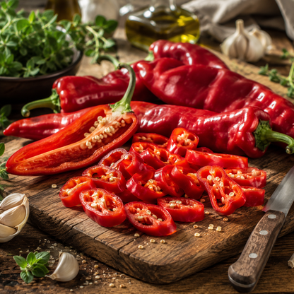 Whole and sliced Corno Di Toro Rosso Italian sweet heirloom peppers, grown from *Sprouts and Petals Corno Di Toro Rosso Pepper Seeds – Long Red Frying Pepper*, are arranged on a rustic wooden cutting board alongside garlic cloves, fresh herbs, and a knife, creating a vibrant kitchen scene that highlights the bold color and flavor of these unique 30+ seed Italian peppers.