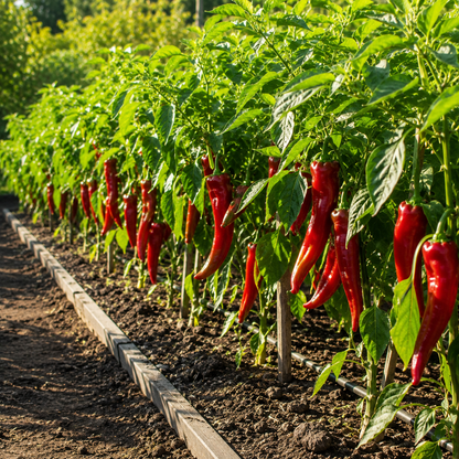 Under the bright sun, rows of pepper plants flourish in rich soil, their stakes supporting clusters of ripe, red Corno Di Toro Rosso peppers—a vibrant Italian sweet heirloom variety grown from Sprouts and Petals’ Corno Di Toro Rosso Pepper Seeds (30+ long red frying pepper seeds).