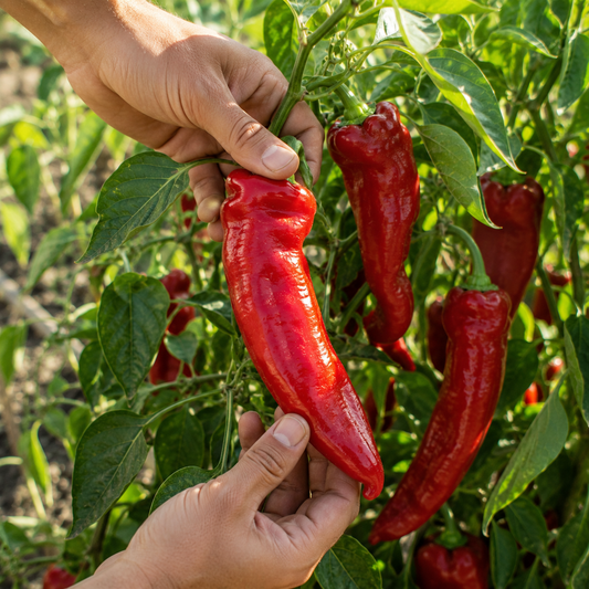 Two hands are harvesting a large, glossy Corno Di Toro Rosso pepper from a lush green plant. Several other heirloom Italian sweet peppers and vibrant leaves surround the scene. Sprouts and Petals’ Corno Di Toro Rosso Pepper Seeds – Italian Sweet Heirloom Pepper – Long Red Frying Pepper (30+ seeds) are featured.