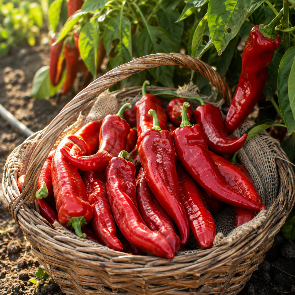 A wicker basket brimming with freshly picked Corno Di Toro Rosso peppers, grown from Sprouts and Petals’ Italian Sweet Heirloom Pepper Seeds (Long Red Frying Pepper – 30+ seeds), rests outdoors on rich soil, with vibrant green pepper plants flourishing in the background.