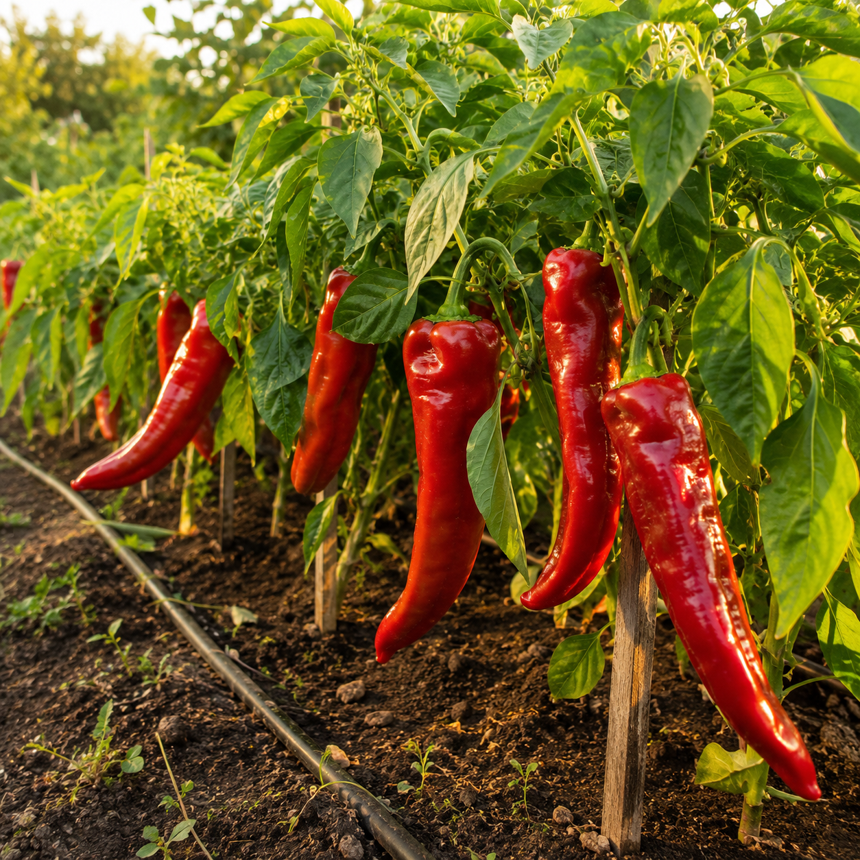 Rows of ripe Corno Di Toro Rosso peppers—a vibrant Italian sweet heirloom variety—from Sprouts and Petals hang from green plants in a sunlit garden, with rich soil and irrigation hoses visible below.