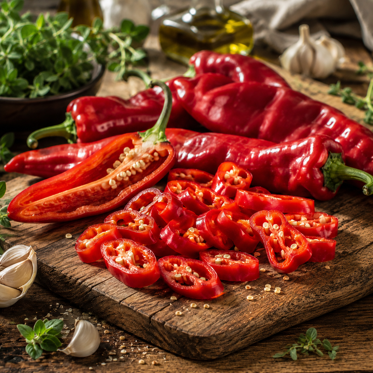 Sliced Corno Di Toro Mix sweet peppers, grown from Sprouts and Petals’ Corno Di Toro Mix Pepper Seeds (Italian heirloom red, yellow, and orange frying peppers), arranged on a rustic wooden cutting board alongside whole heirloom peppers, fresh herbs, garlic cloves, and a bottle of olive oil in the background.