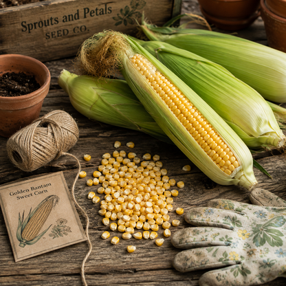 Golden Bantam 12 Sweet Corn seeds from Sprouts and Petals, along with fresh ears of corn, loose yellow kernels, gardening gloves, twine, and small pots are arranged on a rustic wooden surface. In the background sits a box labeled Sprouts and Petals.
