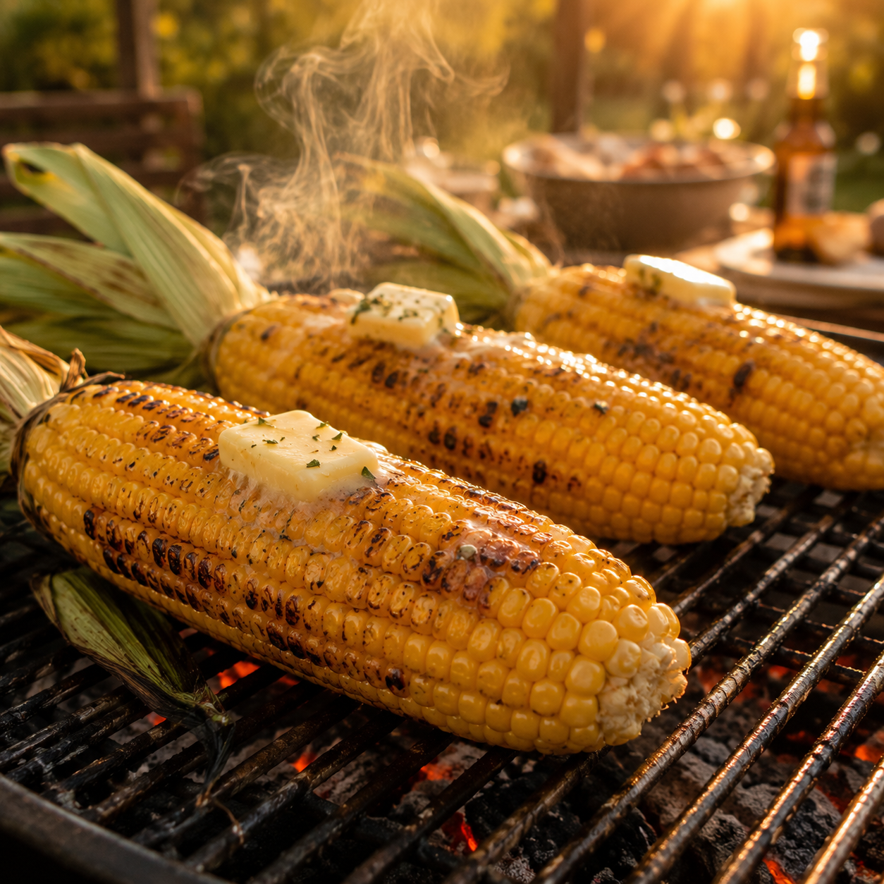 Three ears of grilled heirloom Golden Bantam sweet corn, grown from Sprouts and Petals’ non-GMO Golden Bantam 12 Sweet Corn Seeds, are topped with melting butter and herbs as they steam on a barbecue grill under the warm sunlight, with a softly blurred outdoor dining scene in the background.