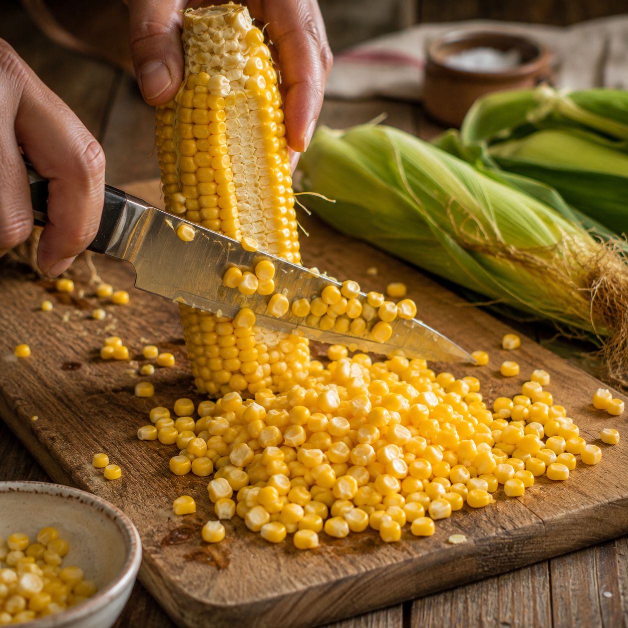A person slices kernels from a cob of heirloom Golden Bantam sweet corn, grown from Sprouts and Petals Golden Bantam 12 Sweet Corn Seeds (classic non-GMO yellow corn), using a knife on a wooden cutting board. A small bowl and fresh ears of this sweet corn variety are beside them.
