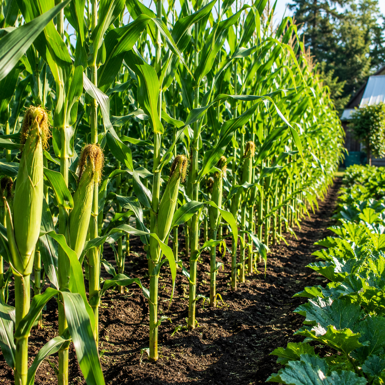 Rows of tall green corn plants, featuring the Sprouts and Petals Golden Bantam 12 Sweet Corn—a classic heirloom yellow corn variety—grow in a sunlit garden. Plump ears of non-GMO sweet corn are visible on the stalks among healthy green leaves. The soil is rich and dark, with other leafy plants thriving on the right side.
