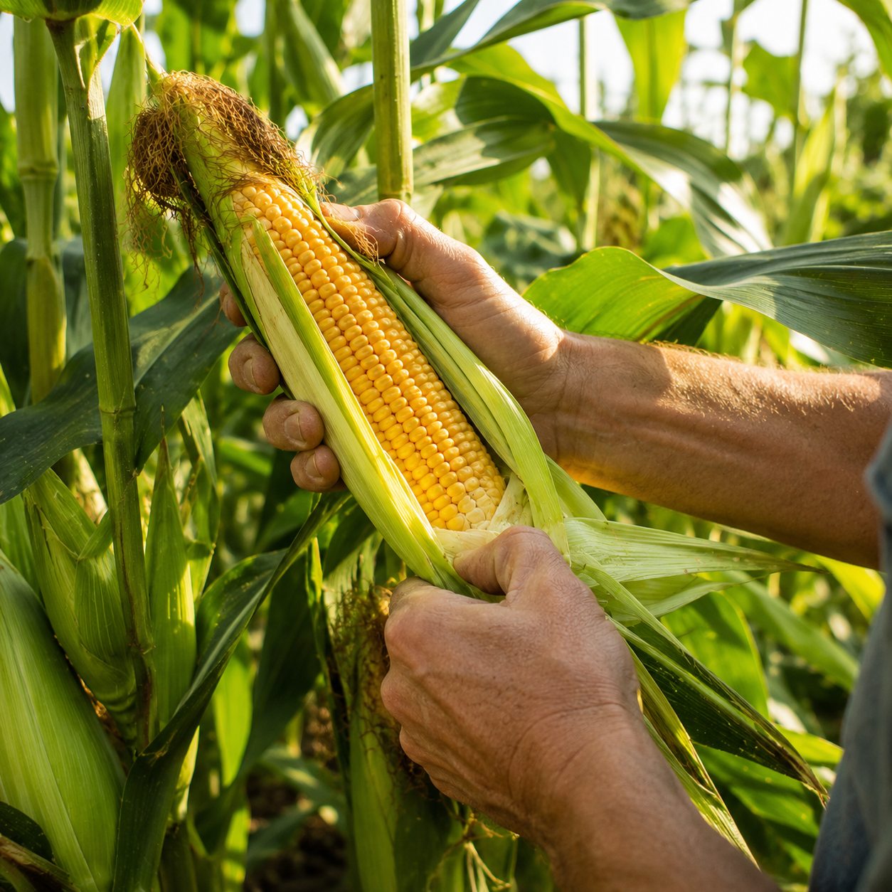 A person holds and peels back the husk of an ear of corn in a sunlit cornfield, revealing the bright yellow kernels of heirloom Golden Bantam 12 Sweet Corn from Sprouts and Petals. Sunlight highlights the green leaves and golden rows of this classic, non-GMO sweet corn variety.