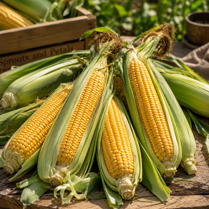 Sunlit on a rustic wooden surface outdoors, fresh ears of Sprouts and Petals’ Golden Bantam 12 Sweet Corn—an heirloom yellow variety with green husks partially peeled back to reveal their bright yellow kernels—are beautifully arranged. In the background, a wooden crate and lush greenery complete the scene. This classic non-GMO sweet corn is available in packs of 30+ seeds.