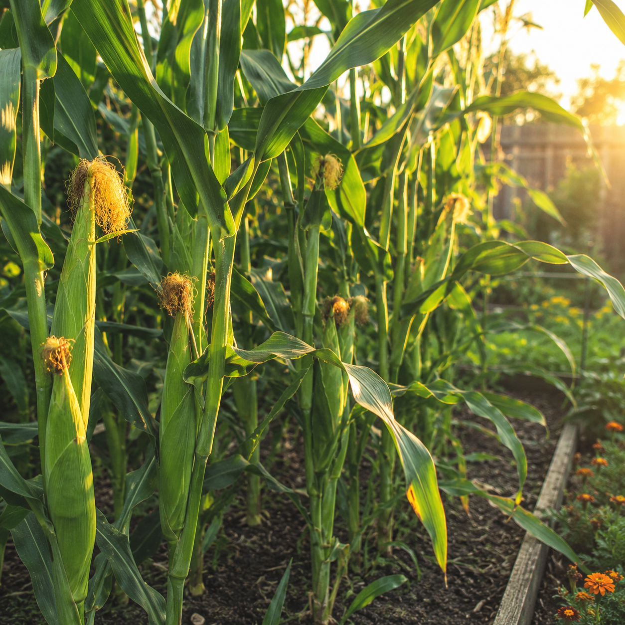 Rows of Sprouts and Petals Golden Bantam 12 Sweet Corn plants—grown from heirloom, non-GMO seeds—thriving in a garden bed, their vibrant green leaves and golden tassels aglow under sunlight streaming in from the right.
