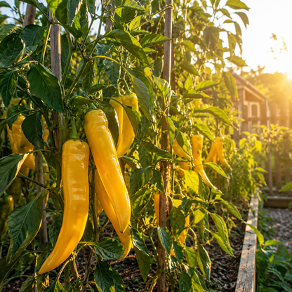 Golden Marconi Pepper plants from Sprouts and Petals thrive in raised wooden beds in a sunlit garden, with a house in the background. The golden hue of these Italian Sweet Yellow Heirloom Frying Peppers catches the evening light, highlighting the healthy, vibrant leaves. Grown from non-GMO Golden Marconi Pepper Seeds (50+ seeds per pack), these peppers are perfect for gardeners seeking an authentic heirloom variety.