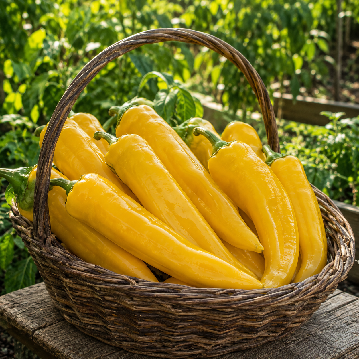 A rustic wicker basket brimming with vibrant Golden Marconi peppers, grown from Sprouts and Petals’ Heirloom Italian Sweet Yellow Pepper seeds, rests on a wooden surface surrounded by lush garden greenery.