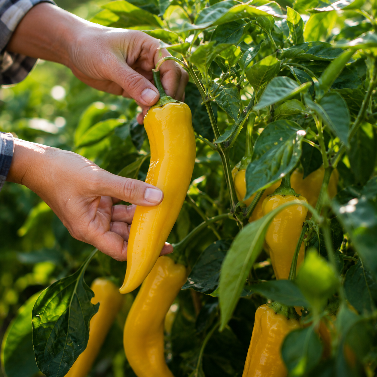 A gardener harvesting a long, yellow Italian heirloom pepper from a lush plant, surrounded by leaves and more vibrant peppers grown from Sprouts and Petals’ Golden Marconi Pepper Seeds – Italian Sweet Yellow Pepper – Heirloom Frying Pepper – Non GMO.