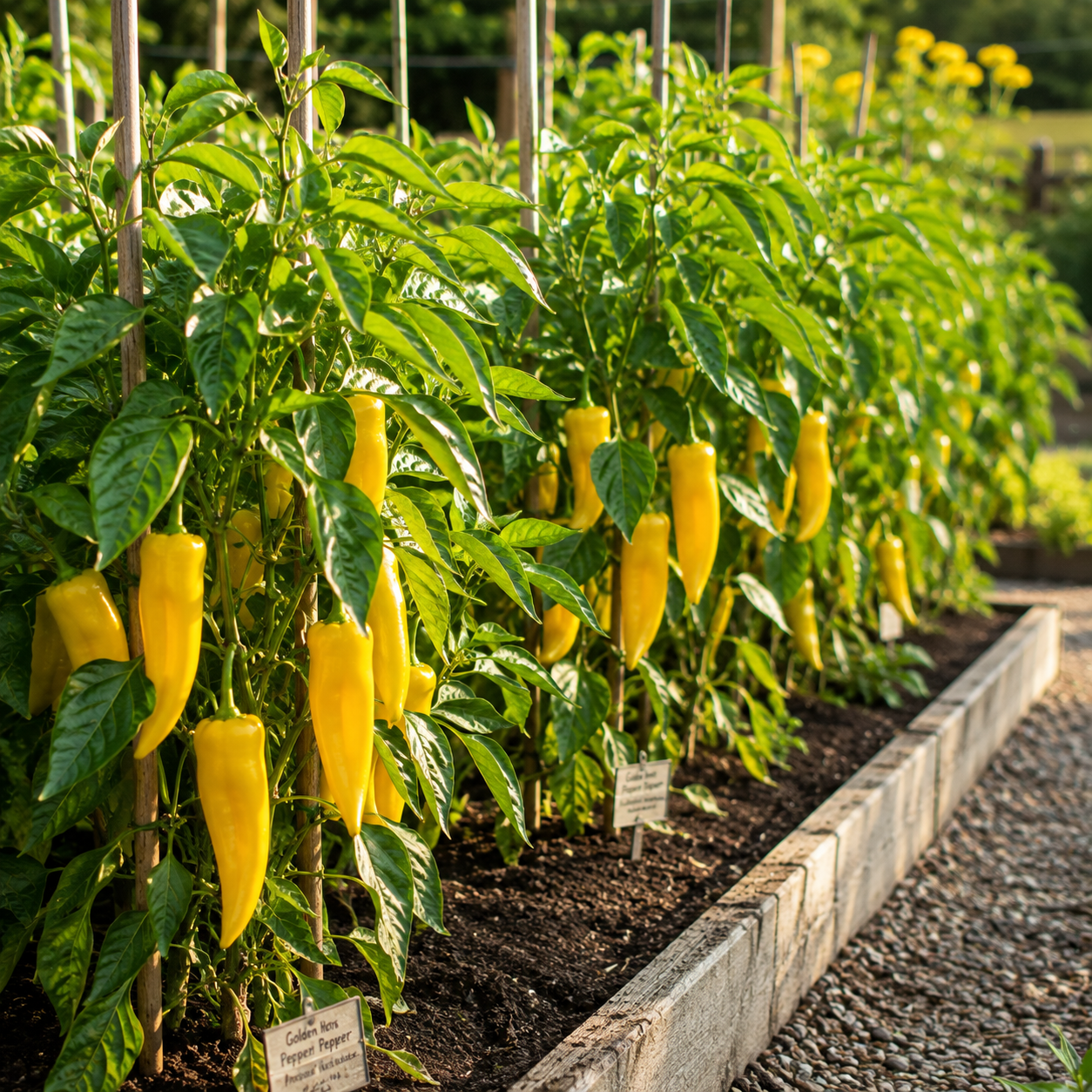 Rows of vibrant pepper plants, each bearing long, golden heirloom Marconi peppers from Sprouts and Petals’ Golden Marconi Pepper Seeds (Italian Sweet Yellow Pepper), thrive in a sunlit garden bed with sturdy stakes for support and soil edged with stone. Small signs identify these non-GMO Italian sweet pepper varieties.