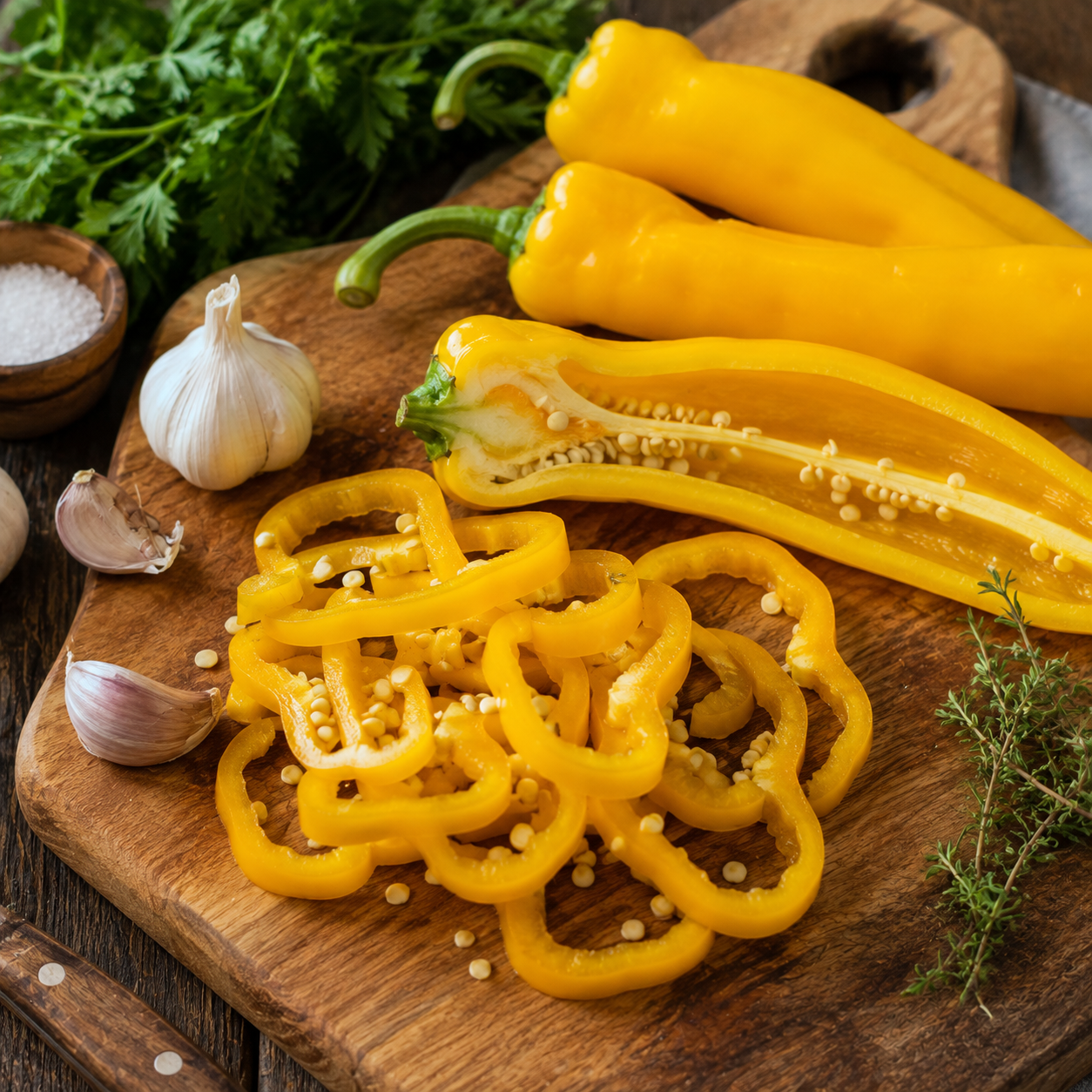Golden Marconi Italian sweet peppers grown from Sprouts and Petals Golden Marconi Pepper Seeds – Italian Sweet Yellow Pepper – Heirloom Frying Pepper – Non GMO 50+seeds, sliced and whole on a wooden cutting board with garlic cloves, fresh herbs, and a bowl of salt.