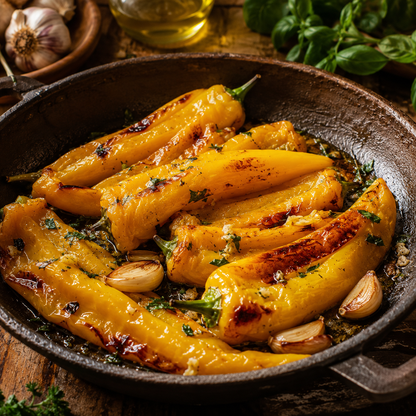 Golden Marconi heirloom peppers from Sprouts and Petals, sautéed with garlic cloves and herbs in a rustic cast iron pan, garnished with fresh basil. Ingredients such as garlic and sweet yellow Golden Marconi peppers are visible in the background. These vibrant Italian frying peppers come from Sprouts and Petals’ Non-GMO Golden Marconi Pepper Seeds (50+ seeds).