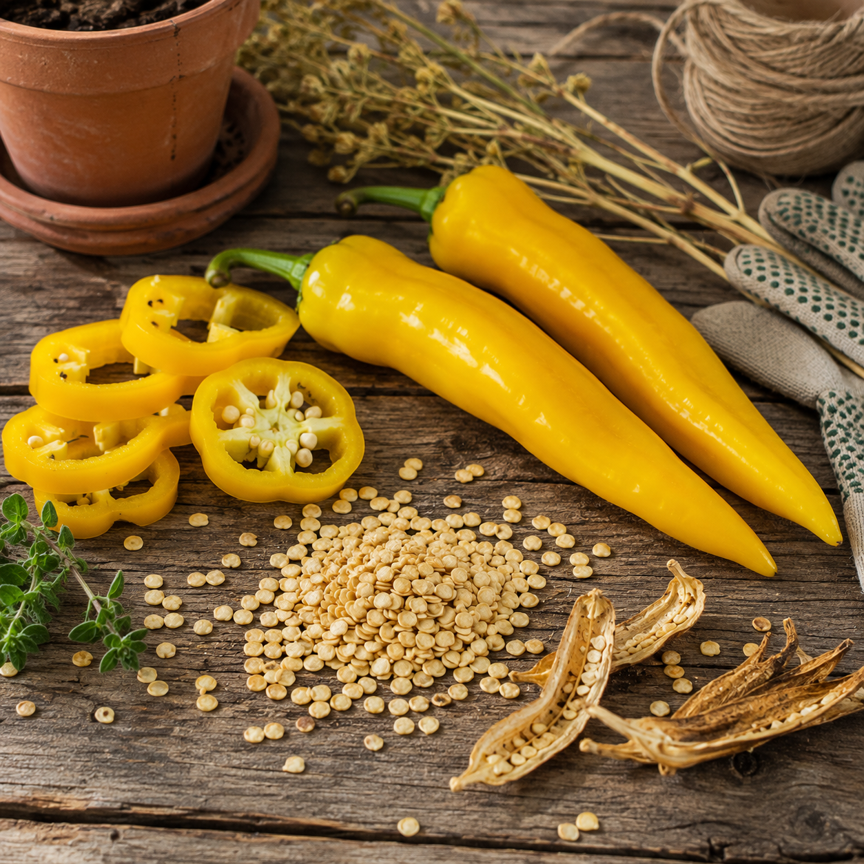 Three whole yellow peppers—including a vibrant Golden Marconi pepper grown from Sprouts and Petals Golden Marconi Pepper Seeds—sliced peppers, pepper seeds, dried pepper pods, gardening gloves, twine, herbs, and a potted plant are artfully arranged on a rustic wooden surface.